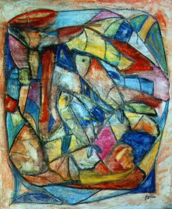 Hermann Uhlmann: See Genezareth (Markus 6/ Vers 38) - Nessel, Acryl-Tempera, 106x120 - 2001