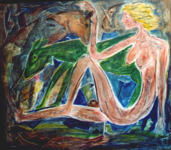 Hermann Uhlmann: Sie sprach mit den Tieren: Nessel, Acryl-Tempera, 106x120 - 1999