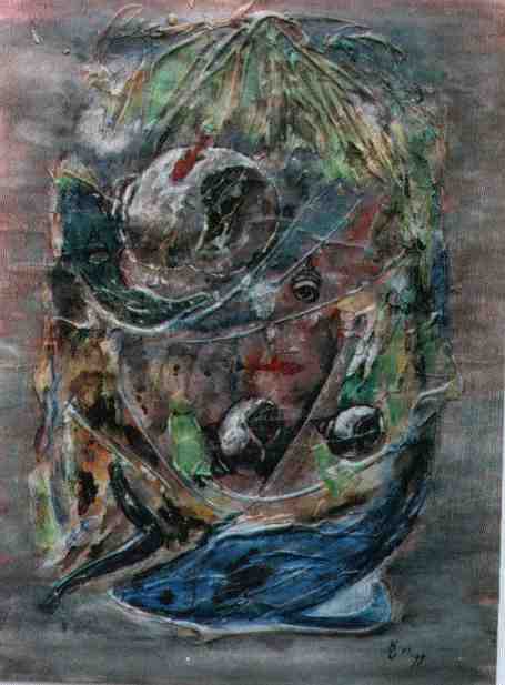 Hermann Uhlmann: Muschelfrau-  Papier auf Sperrholz, Acryl-Tempera, 42x62 -1999