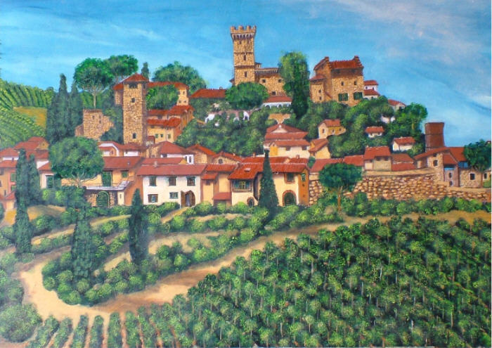 Ria Ackermann: Dorf in der Toscana 50 x 70 l auf Holz