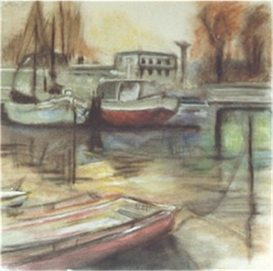 Willi Gottschalk: NIENDORF-Hafen_schlafende Boote,Acryl,2002, 100 x100 cm,