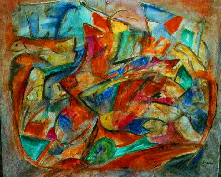 Hermann Uhlmann: Tanz der Fische, Nessel, Acryl-Tempera. 106x120