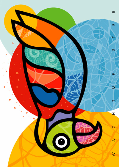a Wachtmeister: Heiland (2001)Der Papagei, in der Malerei des Mittelalters das Symbol fr den Messias, bringt das Oben, die gttliche Liebe nach unten zum blauen Planeten.Limitierter Kunstfarbdruck (50) | Gre: 59 x 84 cm