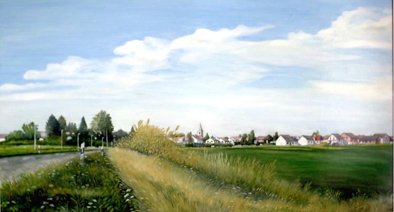 Günther Hofmann: Liedolsheim (von der Strae nach Ruheim  gesehen)l auf Hartfasermalplatte     101 x 57 cm         2006