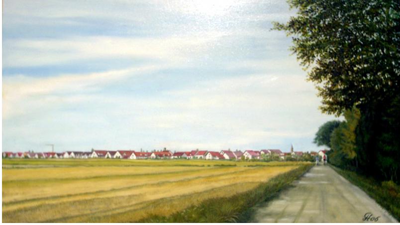 Günther Hofmann: Linkenheim (von Hochstetten gesehen)l auf Hartfasermalplatte     86 x 50 cm         2006