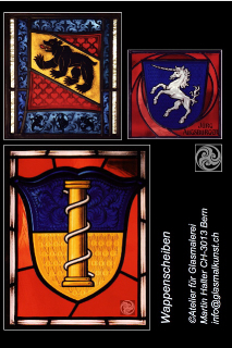 Martin_ART_IN_MARTIN Halter: Heraldische Wappenscheiben in klassischer Formgebung - das Emblem im Schild das wichtigste IdentifikationsmerkmalAusfhrung Atelier fr Glasmalkunst Martin Halter Bern Schweiz