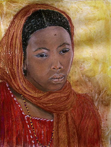Anne_Marie Gldi: TuaregfrauAquarell und Pastellkreide  30x40 auf Papier