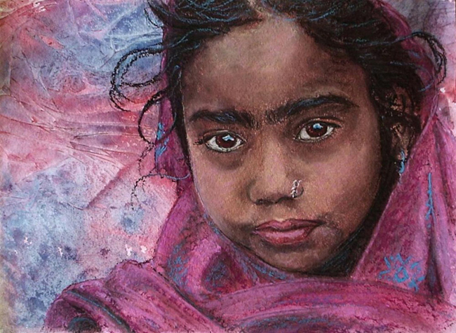 Anne_Marie Gldi: Indiangirl2Aquarell und Pastellkreide  30x40 auf Papier