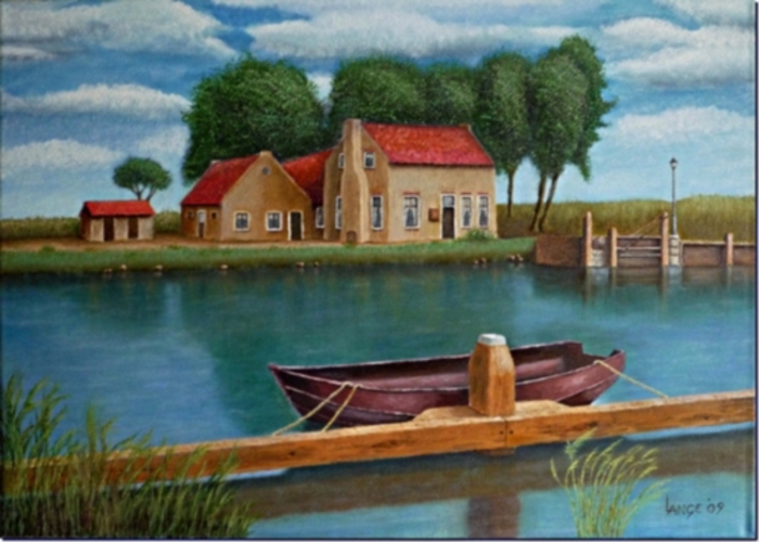 Rudi Lange: Boot am Anlegerl auf Leinwand   50 x 70 cm