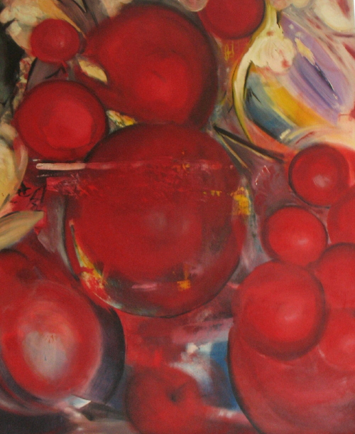 Andrea Finck: Rote Kirschen, groformatig 130 x 160 cmMschtechnik, Pigmente, Acryl, Tusche, Pastell