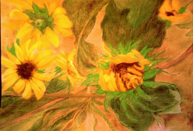 Clea Constantin: SonnenblumenAquarellstift Pastellkreide Tusche Gold Bronze 42 cm x 30 cm