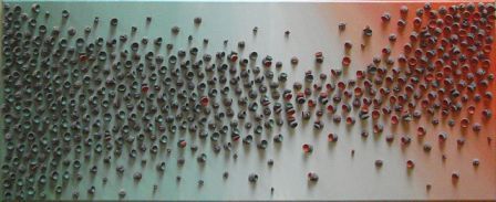 Betty Kahmann: Völkerzusammenführung<br>Acrylbild mit Fruchthülle des Eichenbaumes 40x100