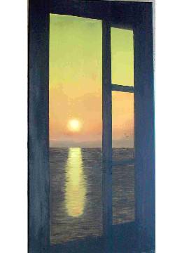 Gebhard Decknatel: Das Meer lscht die Sonne aus<br>Blick durch ein geffnetes Fenster aufs Wasser mit untergehender Sonne