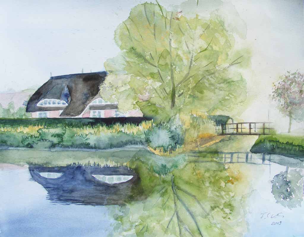 Frank Koebsch: Ein schöner Urlaubsmorgen - Landhaus Seerose<br>Aquarell auf Papier, 41 x 32 cm