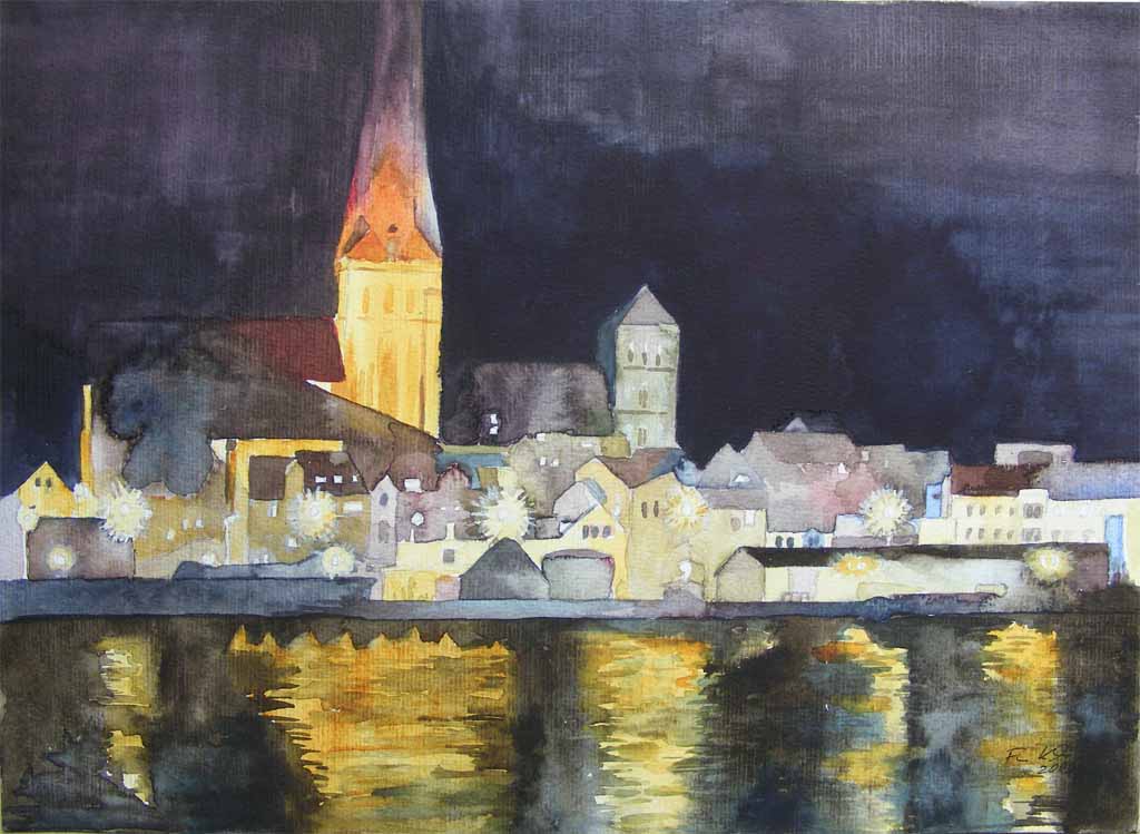 Frank Koebsch: Rostocker Altstadt bei NachtAquarell auf Papier, 40 x 30 cm