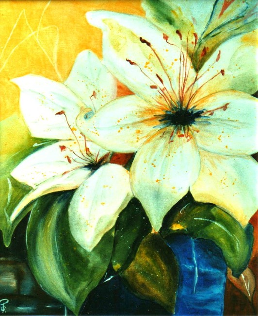 Gerda Pinck: 15 - Lilium Auratum - Acryl auf Leinwand - 60x50 cm - gerahmt