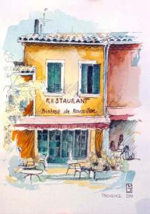 Michael Gottschalk: Bistro, RoussillonFederzeichnung, aquarelliert, 2006, 17 x 24 cm