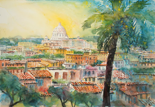 Ulrich Hartig: Tetti di RomaAquarell