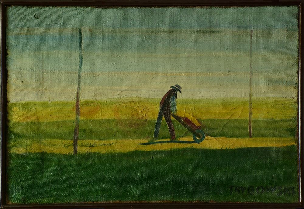 a Tribowski: Landarbeiter mit Schubkarrel auf Leinwand, 37,8x57cm, um 1958/1960; Bezeichnet unten r.: TRYBOWSKI