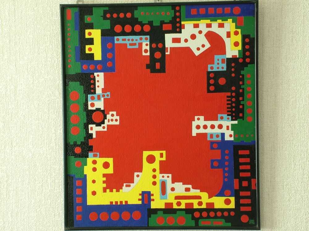 a Tribowski: Lustiger Rahmen mit rotem Feldum 1992, l auf Leinwand, 70,5x60cm; Bezeichnet unten rechts: JTG