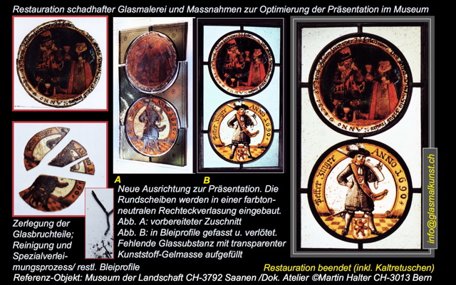 Martin_ART_IN_MARTIN Halter: Restauration historischer Wappenscheiben fr ffentliches Orts-Museum Saanen bei Gstaad /CH-BEAusfhrung Atelier ART IN MARTIN Martin Halter Glasmaler-Restaurator Bern Schweiz