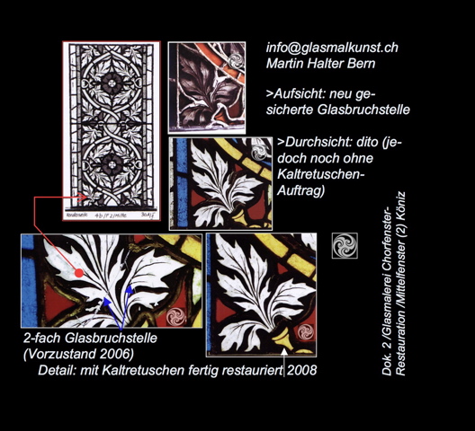 Martin_ART_IN_MARTIN Halter: Kirchenfenster Glasmaler-Restaurator Martin Halter Bern /Schweiz Atelier-Team ART IN MARTINAusschnitt Detailansichten Thema Restauration bei Kirchenfenstern Beispiel Kniz Chorfenster anfangs 14. Jahrhundert