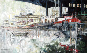 Manfred Wagenbrenner: Rheinhafen Basel130x80cm, Dispersion auf Hart-Holzfaserplatte