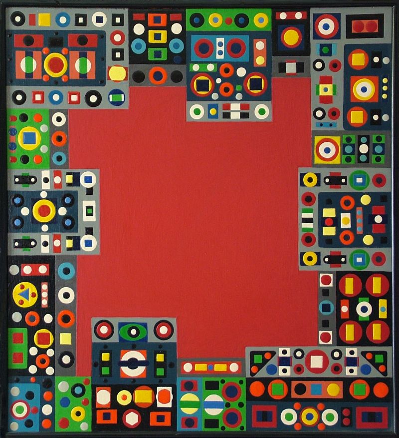 Georg Tribowski: Frhlicher Rahmen mit rotem Feldum 1975, l auf Spanplatte, 61,5x56,3cm; Unbezeichnet