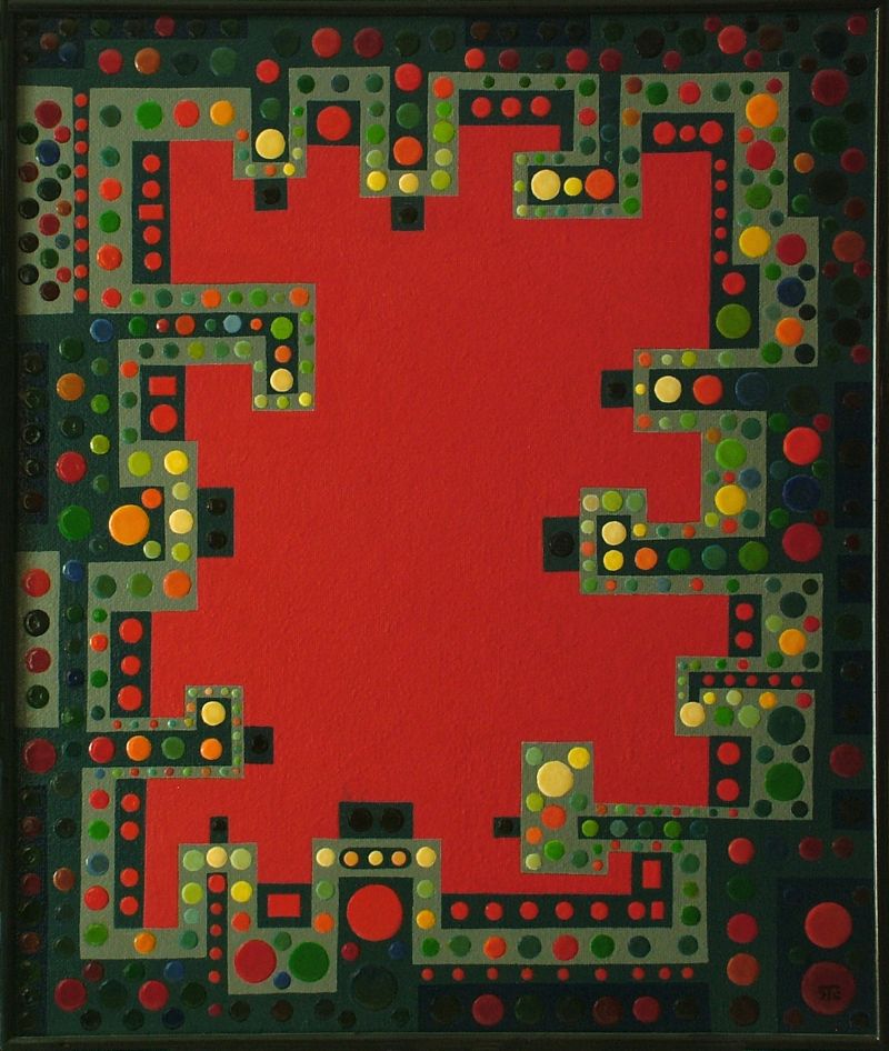 Georg Tribowski: Erregender Rahmen mit rotem Feldum 1975, l auf Hartfaserplatte, 65,5x55cm; Bezeichnet: JTG 