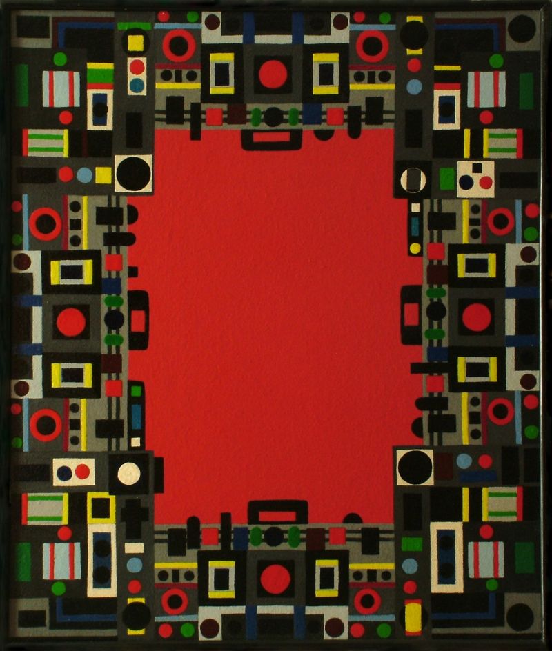 Georg Tribowski: Regelmiger Rahmen und rotes Feld1975, l auf Hartfaser, 56x68cm; Unbezeichnet