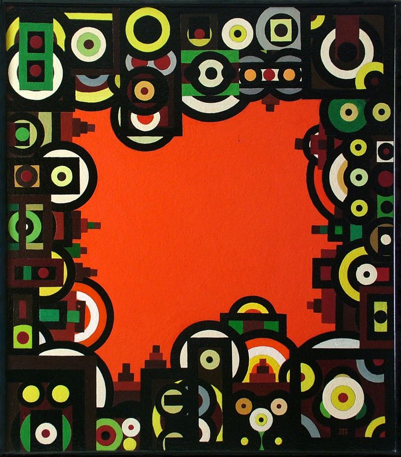 Georg Tribowski: Unregelmiger Rahmen und rotes Feldum 1992, l auf Hartfaser, 80x70cm; Unbezeichnet