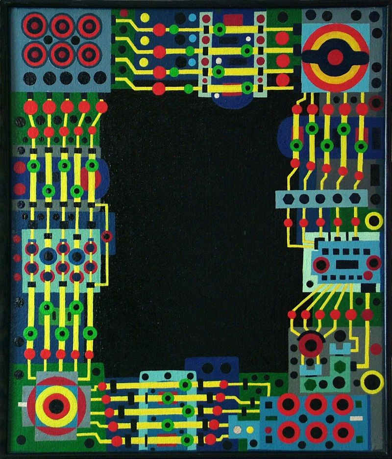 Georg Tribowski: Regelmiger Rahmen und schwarzes Feldum 1992, l auf Hartfaser, 68x56cm; Unbezeichnet