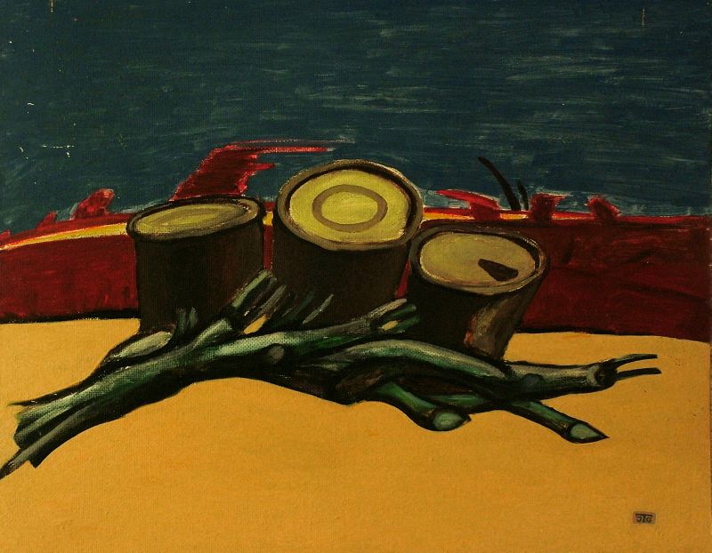 Georg Tribowski: Spanisches Strandgut IIum 1983, l auf Hartfaser, 51,5x62,5cm; Bezeichnet unten rechts: JTG