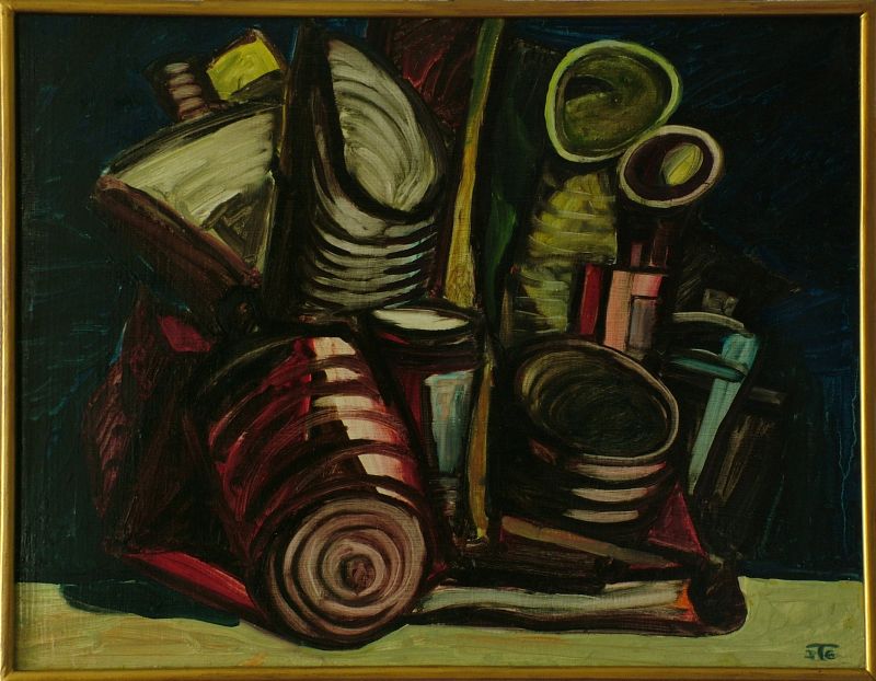 Georg Tribowski: Gefstilllebenum 1983, l auf Spannplatte, 45,3x55,8cm; Bezeichnet unten rechts: JTG