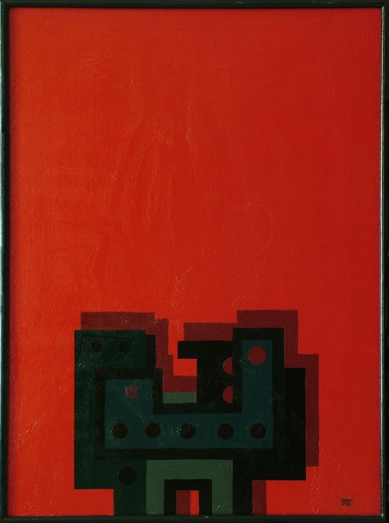 Georg Tribowski: Maschinenteil auf rotem Grundum 1985/90, l auf Hartfaser, 60,5x45cm; Bezeichnet unten rechts: JTG