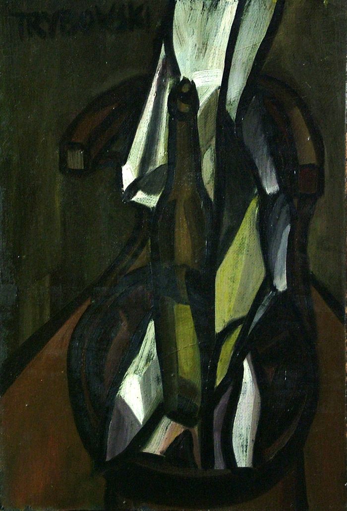 Georg Tribowski: Stillleben mit Flasche auf dem Stuhl, Version IIum 1964, l auf Hartfaser, 62x41cm; Bezeichnet oben links:TRYBOWSKI