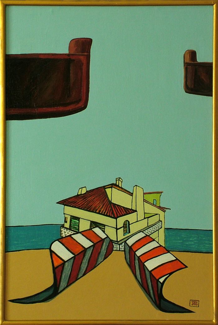 Georg Tribowski: Haus am Meer mit Wegweiser und Absperrungsschrankenum 1985, l auf Sperrholz, 61x40,4cm; Bezeichnet rechts unten:: JTG