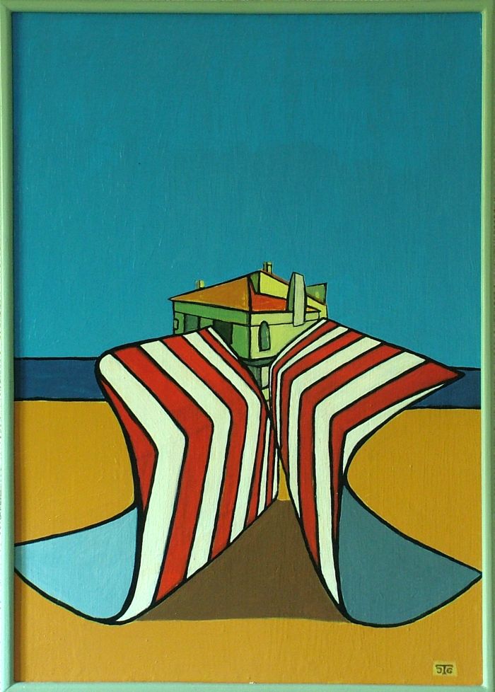 Georg Tribowski: Haus am Meer mit Wegweiser1985, l auf Holz, 59x41,5cm; Bezeichnet unten rechts:: JTG