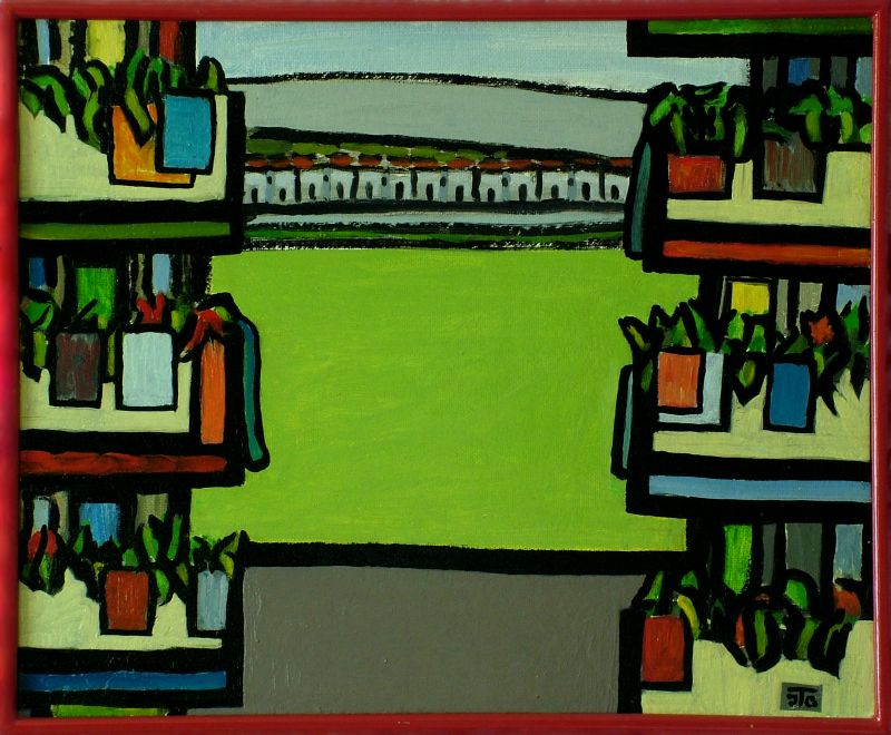 Georg Tribowski: Balkons. Ausblick II1990, l auf Hartfaser, 43x53cm; Bezeichnet unten rechts (auf grnem Rechteckfeld): JTG. Auf der Rckseite: Cabo de La Nao/Javea