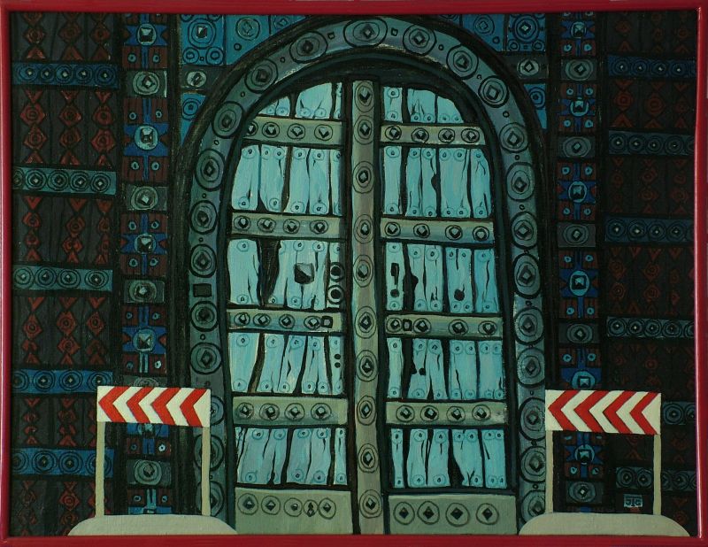 Georg Tribowski: Abgesperrtes groes Portal, Insel Jerba1991, l auf Leinwand, 50,8x66,3cm; Unbezeichnet. Auf der Rckseite/Urlaubsbegegnung I/JTG