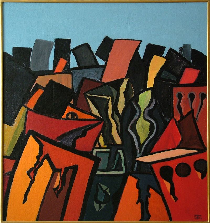 Georg Tribowski: Der Rost holt den Restum 1987/88, Acryl auf Hartfaser, 88x77,5cm; Bezeichnet unten rechts: JTG