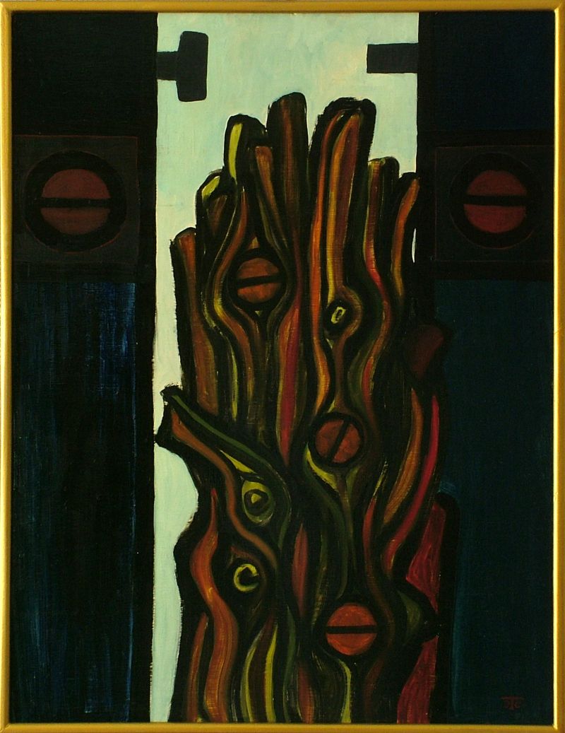 Georg Tribowski: Zerborstenes Holz und Schrauben1987, l auf Sperrholz, 46x60cm; Bezeichnet unten rechts: JTG. Auf der Rckseite: Mazagon 08/09/87/Zerborstenes Holz/und Schrauben/JTG/Aus dem Zyklus Umwetschutz