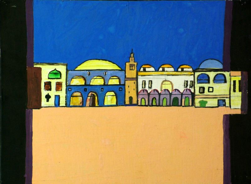 Georg Tribowski: Prachtfront in Sousse1984, Acryl auf Sperrholz, 32,6x44,1cm; Unbezeichnet. Auf der Rckseite: Sousse/16/11/84 7.