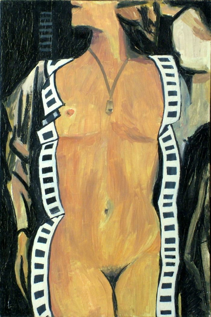 Georg Tribowski: Weiblicher Akt bei geffnetem Bademantelum 1985, l auf Sperrholz, 49x32,6cm; Unbezeichnet
