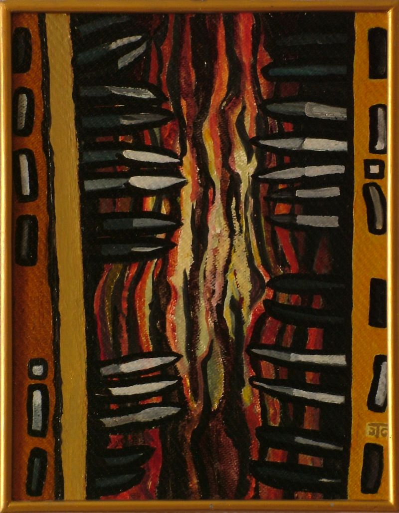 Georg Tribowski: Das geschundene Holz1988, l auf Hartfaser, 41x32cm; Bezeichnet unten rechts: JTG. Auf der Rckseite: ?Was die Erde Befllt/befllt auch die Shne der Erde/Huptling Seattle/Das geschundene Holz/JTG/1988