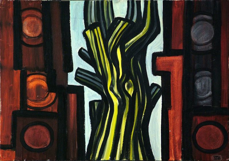 Georg Tribowski: Der Baum1987, l auf Sperrholz, 38x50,3cm; Bezeichnet unten rechts: JTG. Auf der Rckseite: Der Baum/Mazagon(Huelva)/13.09.87/JTG