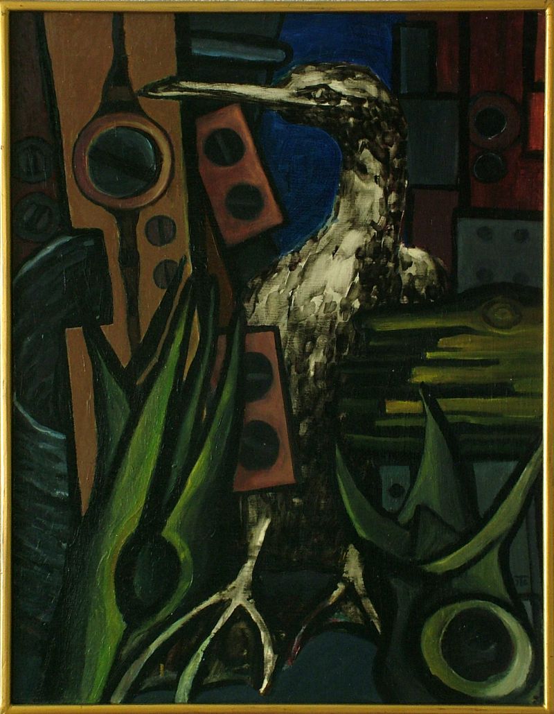 Georg Tribowski: Vogel ohne Raum IIum 1985, l auf Holz, 62x47cm; Bezeichnet unten rechts: JTG