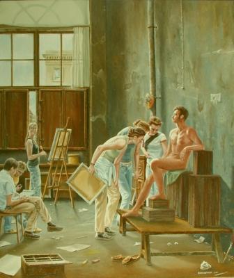 Gnther Hauschildt: Malschler im Atelier von David (nach Cochereau) 2006, 70 x 60 cm, l/Lw.