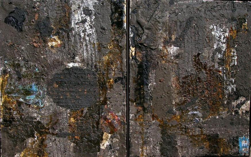 _JNOS _NDASDY: Blindflug, Dyptychon, 2001    Bitumen, Asche, Lack auf Leinwand , 100 x 150 cm 