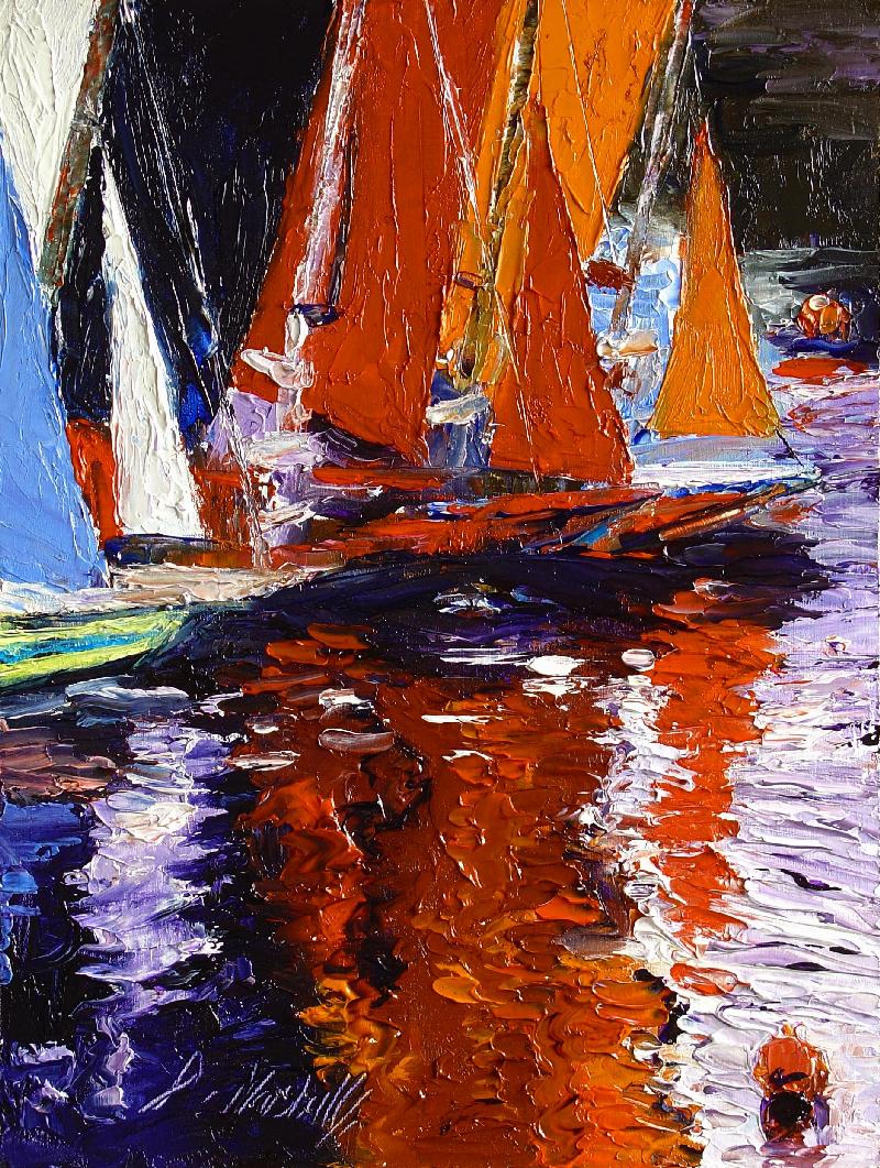 DIANA MARSHALL: Ready to Sail15.2 x 20.3 cms oil on panel,unframed. Palette knife painting.These colourful sails made wonderful reflections.